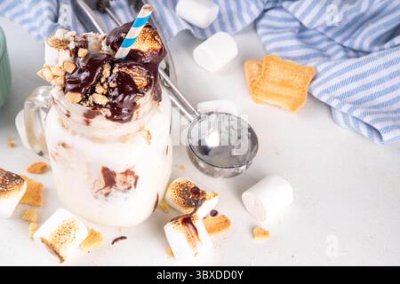 Tasty overloaded S`mores winter milkshake, crazy shake with ice cream, smores  roasted marshmallow, chocolate and graham cracker crumbs Stock Photo